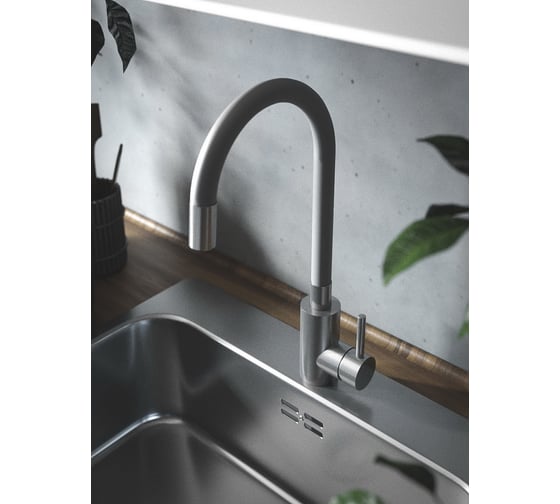 Смеситель для кухни KONNER KITCHEN серый, поворотный высокий гибкий излив KIT1209GR 6150855