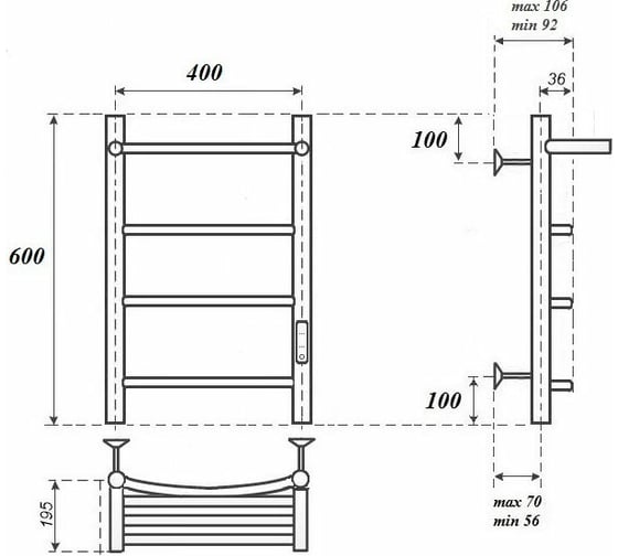 Электрический полотенцесушитель Point Афина П3 400x600 с полкой, диммер справа, белый PN04846PW