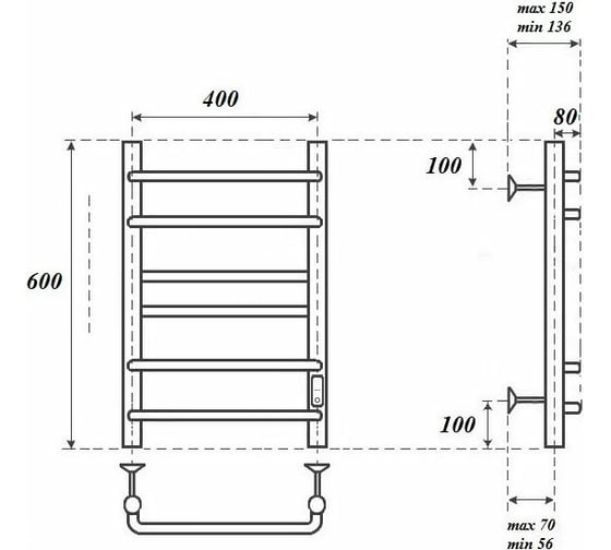 Электрический полотенцесушитель Point Сатурн П6 400x600 диммер справа, черный PN90846B