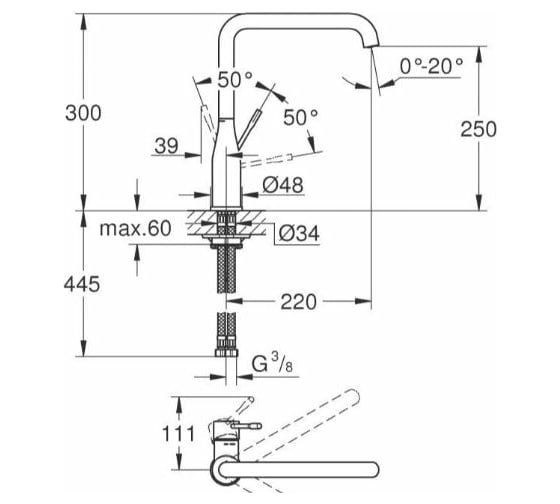 Однорычажный смеситель для мойки GROHE Essence New L- излив, цвет темный графит 30269A00