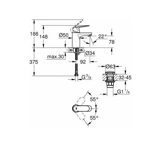 Смеситель для раковины GROHE Eurosmart Cosmopolitan с нажимным сливным механизмом 23925000