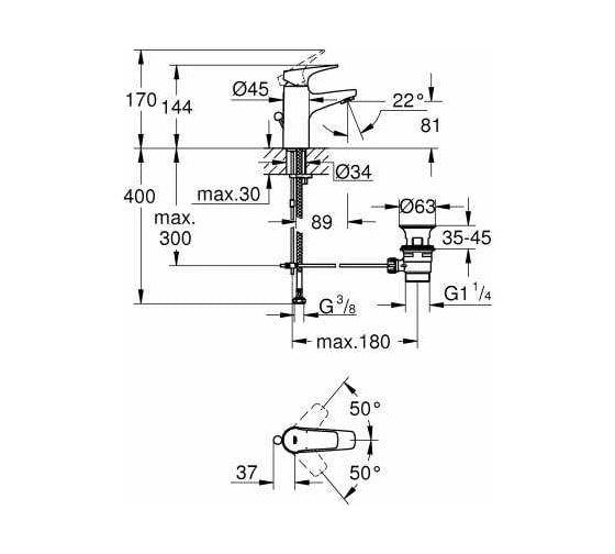 Однорычажный смеситель для раковины GROHE BauFlow со сливным гарнитуром 23801000