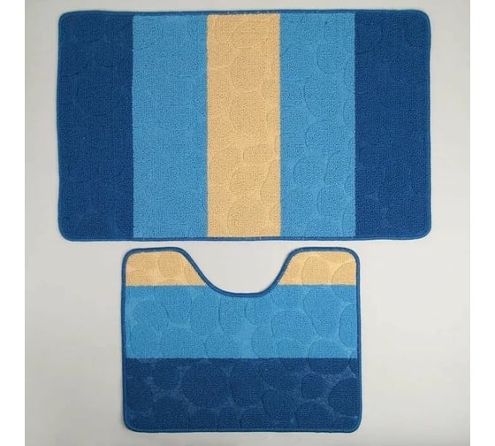 Набор ковриков для ванны и туалета Доляна Полосатый, галька 39х48, 48х76 см, цвет синий, 2 шт. 3904476 1