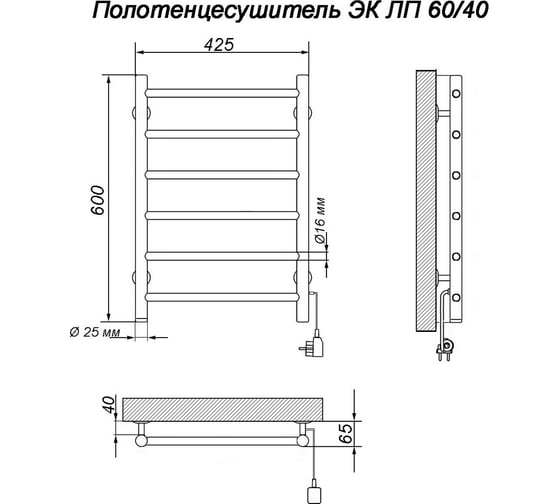 Электрический полотенцесушитель Ника кабельный сухой тэн WAY-2 60/40 лев