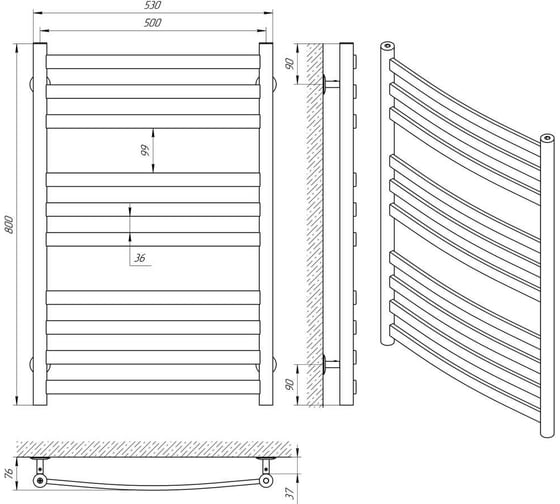 Полотенцесушитель INDIGO Slim Basic без полки (в.р.1/2") 80/50 (к-1, полиров.) LSLBW80-50