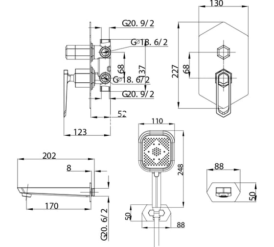 Смеситель для ванны и душа Lemark Prizma встраиваемый LM3922C