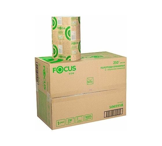 Бумажное полотенце Focus PREMIUM листовое 1-слой, 240x215 мм, 250 лист/уп 12 шт, в наборе Z-сложения H-5069958n 1