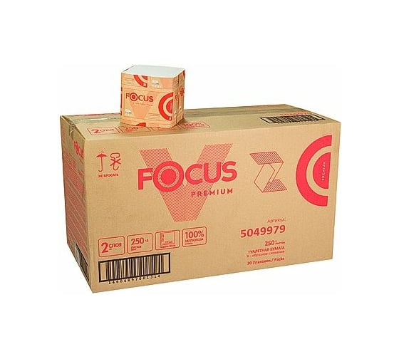 Туалетная бумага Focus PREMIUM листовая, 2-слоя, 250 лист/уп30 ДхШ 250x110 мм V-сложения, белая H-5049979n