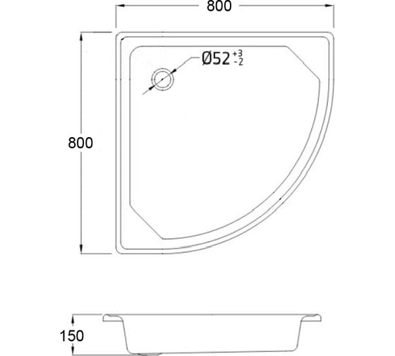 Стальной поддон Loranto полукруглый 80x80x15 толщина стенок 0,9 мм, отверстие для слива 5 см 77022