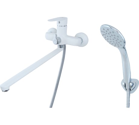 Смеситель для ванны/душа излив SmartSant Смарт-Бриз 350мм, керамический дивертор, с аксессуарами, хром/белый SM343502AW