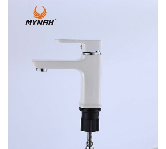 Смеситель для раковины MYNAH 140 мм, белый, однорычажное управление, монтаж на одно отверстие, на гайке, гибкая подводка M1049J