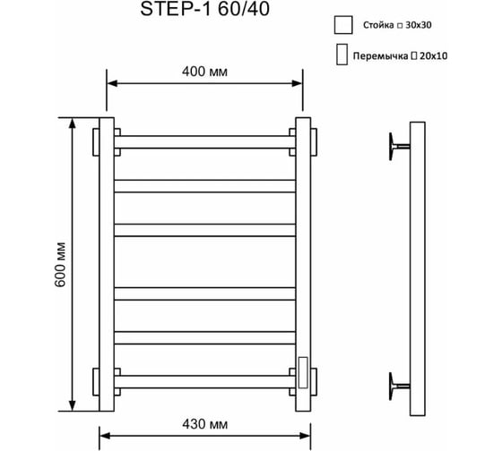 Электрический полотенцесушитель Ника кабельный STEP-1 60/40 RAL9016 белый матовый правый тэн STEP-1 60/40 бел мат прав