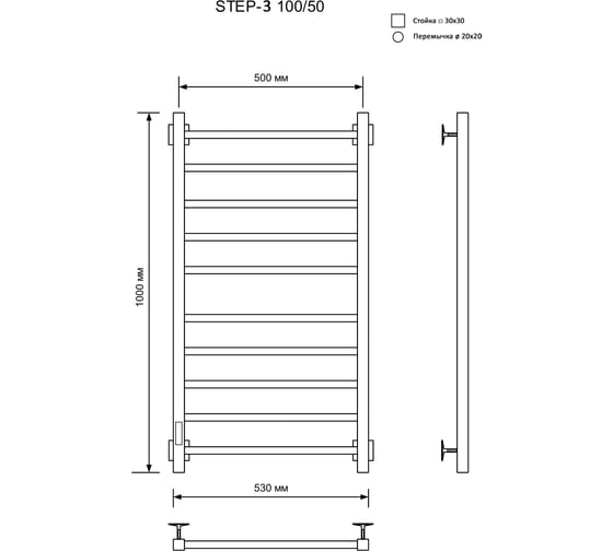 Электрический полотенцесушитель Ника кабельный STEP-3 100/50 RAL9005 черный матовый левый тэн STEP-3 100/50 черн мат лев