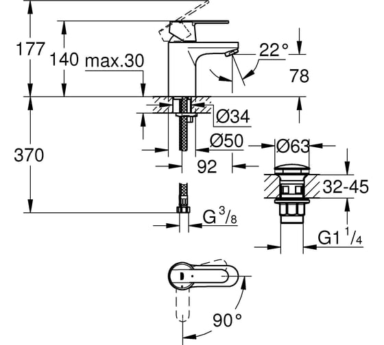 Смеситель для раковины с нажимным донным клапаном GROHE Get 23586LS0
