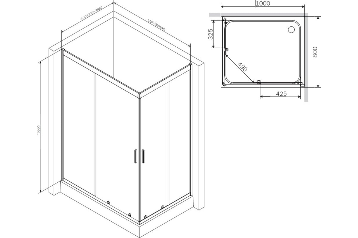 Душевое ограждение AM.PM Gem 100x80 прям.,стекло прозрачное, профиль черный  мат.,без поддона W90G-404-100280-BT - выгодная цена, отзывы,  характеристики, фото - купить в Москве и РФ