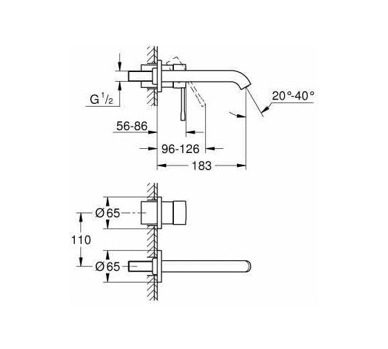 Смеситель для раковины GROHE Essence+ настенный, на 2 отверстия, для 23571, темный графит 19408A01