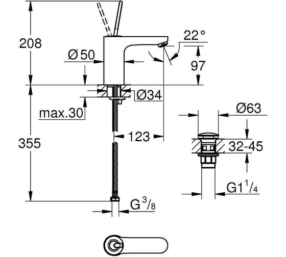 Смеситель для раковины GROHE Get Joy с нажимным донным клапаном 23800000