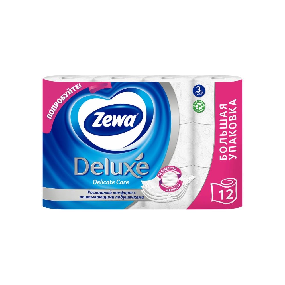 Туалетная бумага ZEWA Deluxe 3-х слойная, 12 рулонов, 12x18 м, белая ...