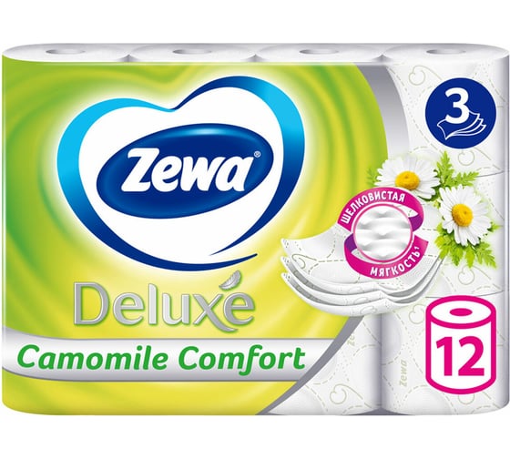 Туалетная бумага ZEWA Deluxe 3-х слойная, 12 рулонов, 12x18 м, с ароматом ромашки 53613 114753