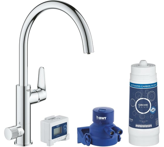 Набор: смеситель для кухни с функцией фильтрации Grohe Blue Pure Baucurve 30385000 фильтр 3000 л, головка д/фильтра и таймер замены фильтра  00078543