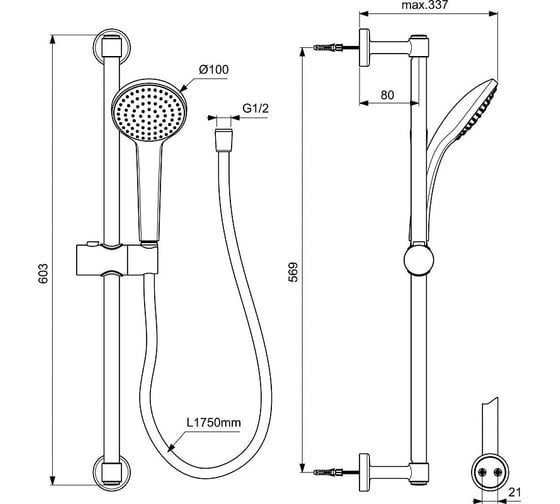 Душевой гарнитур Ideal Standard IDEALRAIN SOFT BD142XG M1 1-функциональная душевая лейка, диаметр 100 мм (B9402AA) 00069073