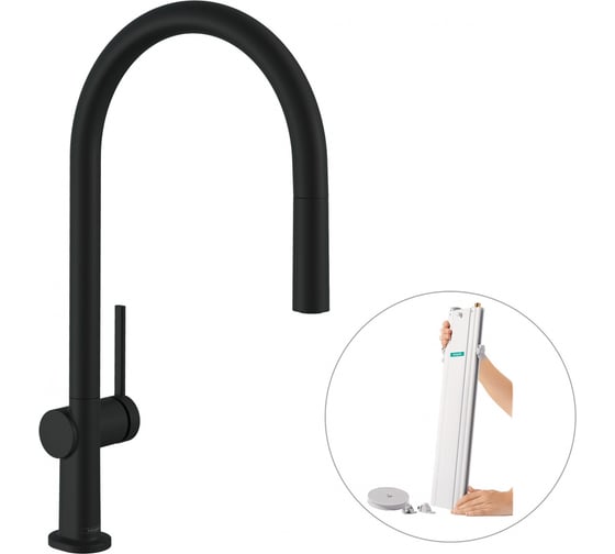 Кухонный смеситель Hansgrohe Talis M54 однорычажный, 210, с вытяжным изливом, 1jet, sBox матовый черный 72803670 00061659