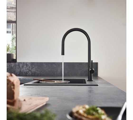 Кухонный смеситель Hansgrohe Talis M54 однорычажный, 210, с вытяжным изливом, 1jet, sBox матовый черный 72803670 00061659