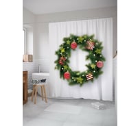 Штора для ванной JOYARTY "новогодний венок" из сатена, 180x200 см с крючками sc_419791