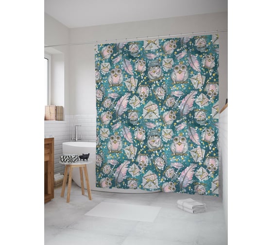 Штора для ванной JOYARTY "сказочная сова" из сатена, 180x200 см с крючками sc_419843 1