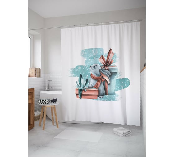 Штора для ванной JOYARTY "зайка с подарком" из сатена, 180x200 см с крючками sc_419846 1