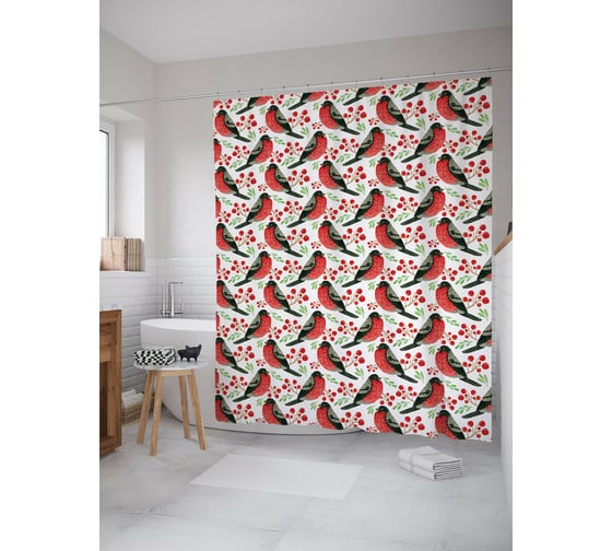 Штора для ванной JOYARTY "снегири прилетели" из сатена, 180x200 см с крючками sc_419848 1