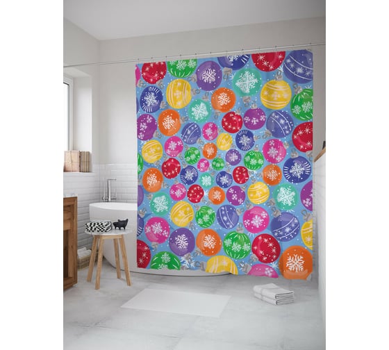 Штора для ванной JOYARTY "новогодние шары" из сатена, 180x200 см с крючками sc_419847 1