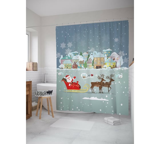 Штора для ванной JOYARTY "дед мороз к нам мчится" из сатена, 180x200 см с крючками sc_419857 1