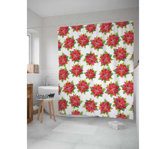 Штора для ванной JOYARTY "акварельная рождественская звезда" из сатена, 180x200 см с крючками sc_419860 1