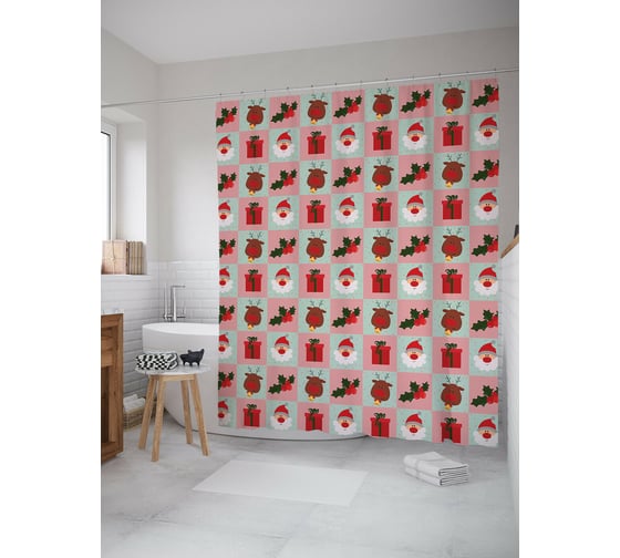 Штора для ванной JOYARTY "дед мороз в квадрате" из сатена, 180x200 см с крючками sc_419863 1