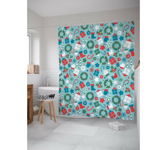 Штора для ванной JOYARTY "подарки на новый год" из сатена, 180x200 см с крючками sc_419864 1