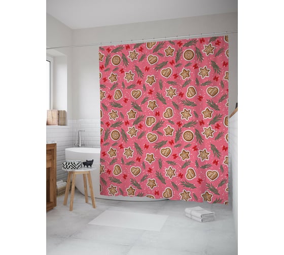 Штора для ванной JOYARTY "новогодние пряники" из сатена, 180x200 см с крючками sc_419871 1
