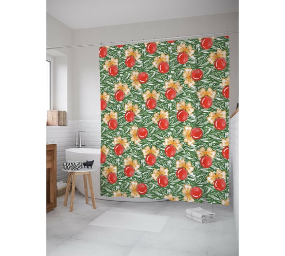 Штора для ванной JOYARTY "акварельные шары на елке" из сатена, 180x200 см с крючками sc_419876 1