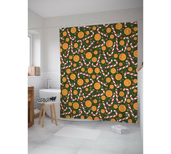 Штора для ванной JOYARTY "апельсины и карамельные трости" из сатена, 180x200 см с крючками sc_419875 1