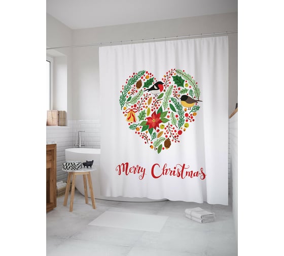 Штора для ванной JOYARTY "новогоднее сердце" из сатена, 180x200 см с крючками sc_419880 1