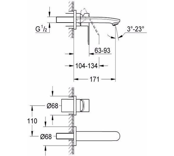 Смеситель для раковины на 2 отверстия Grohe Eurostyle Cosmopolitan настенный 19571002
