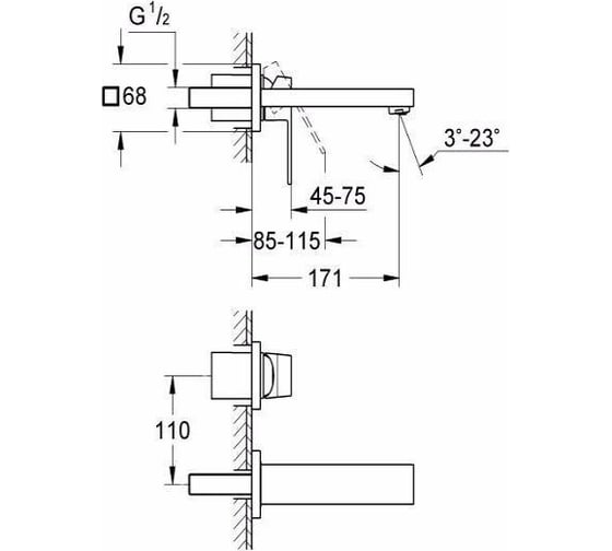Смеситель для раковины на 2 отверстия GROHE 19895000 Eurocube настенный монтаж, комплект верхней монтажной части для 23 200 19895000