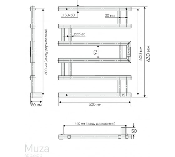Полотенцесушитель INDIGO Muza (electro) 60/50 (таймер, скрытый провод справа, Черный муар) DGM60-50BRRt
