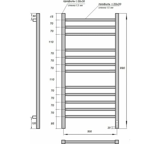 Электрический полотенцесушитель Point вега п12 500x1000, диммер справа, хром PN71850