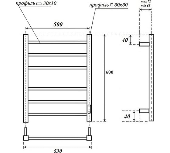 Электрический полотенцесушитель Point меркурий п6 500x600, диммер справа, белый PN83856W