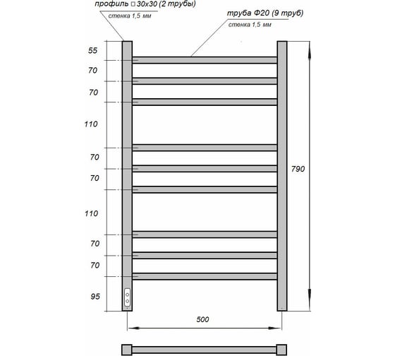 Электрический полотенцесушитель Point веста п9 500x800, диммер слева, бронза PN70758BR