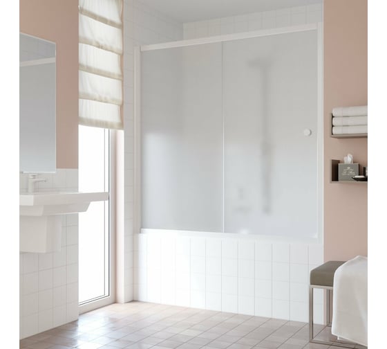 Шторка на ванную VEGAS-GLASS профиль белый, стекло сатин ZV NOVO 180 01 10 1