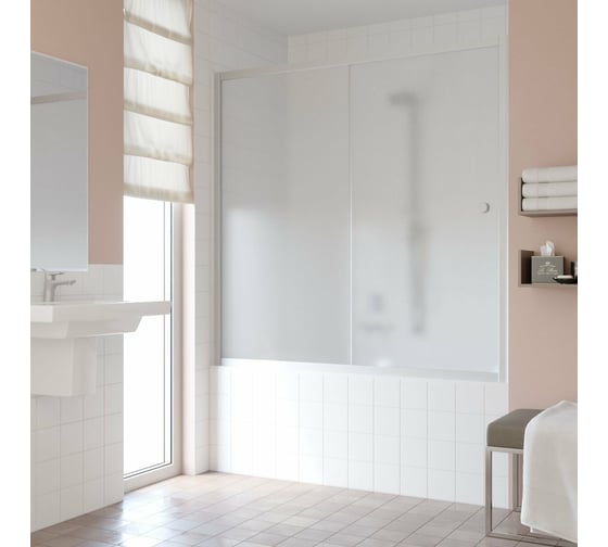 Шторка на ванную VEGAS-GLASS профиль матовый хром, стекло сатин ZV NOVO 180 07 10 1