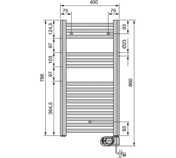 Полотенцесушитель Zehnder Aura Musa 400х786, нижнее справа, цвет RAL 9005 matt PBEBZ-080-40/MQ