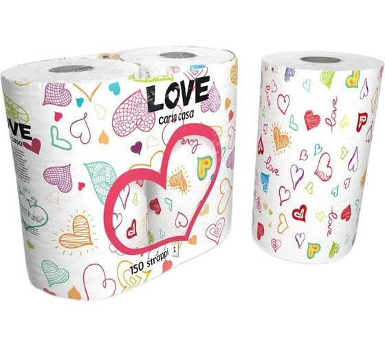 Бумажные полотенца WORLD CART с рисунком "Love" 2 слоя, 75 листов, 2 упаковки х 2 рулона, KGLOV-KT-01/набор